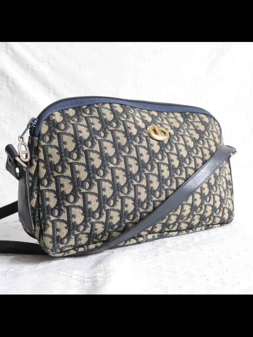 Dior Navy and Beige Monogram Shoulder Bag with Gold Accent